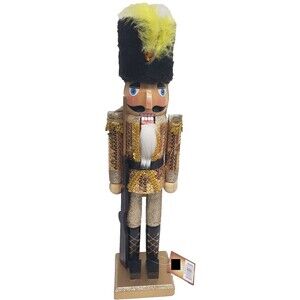 Wooden Christmas Nutcracker,15",SOLDIER IN FUR HAT & GOLDEN UNIFORM W/RIFLE, DII